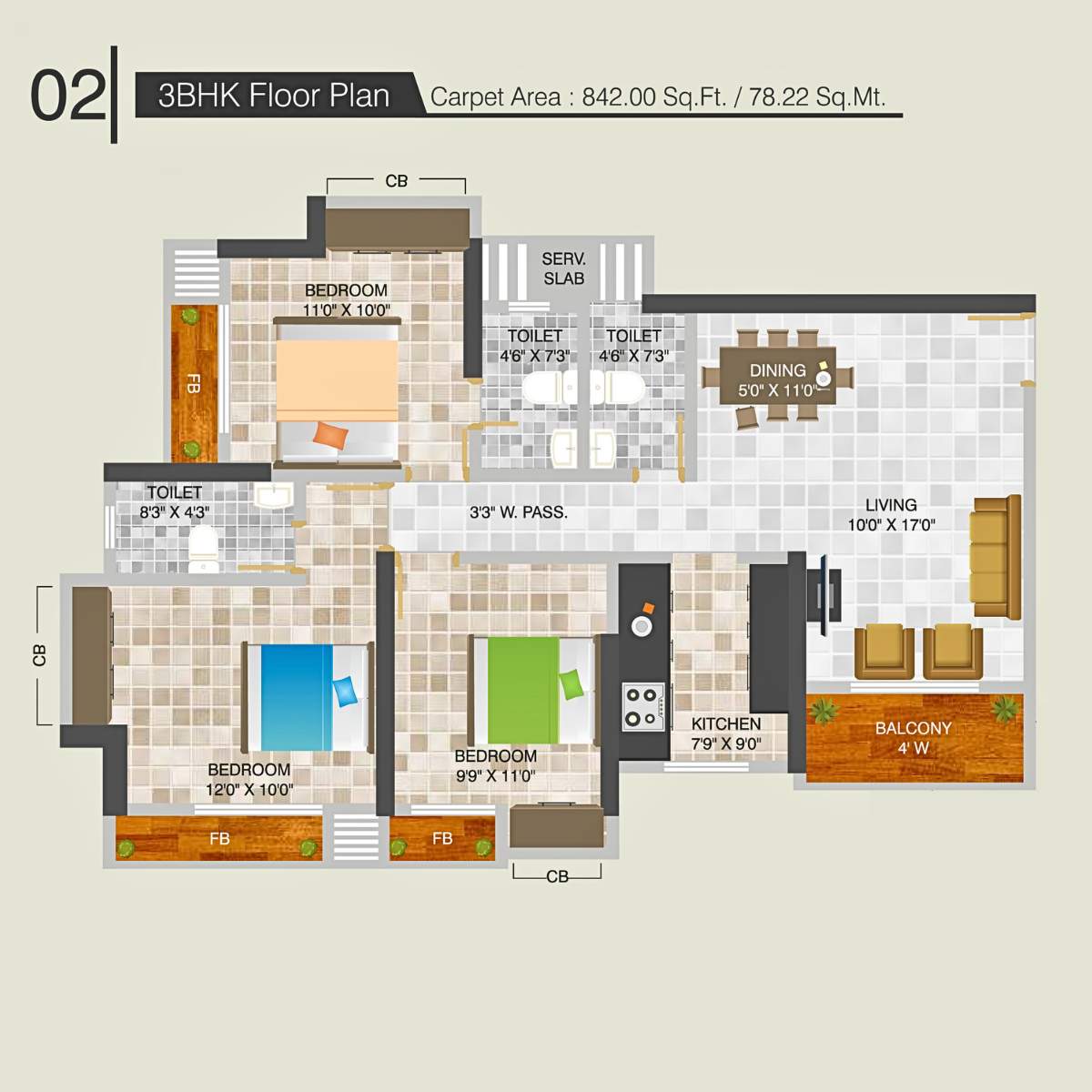 Highland-Park-Floor-Plan-3-BHK-842-Sqft